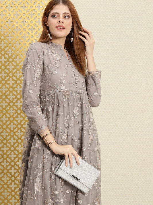 House of Pataudi Women Embroidered Thread Work Floral Anarkali Jashn Kurta