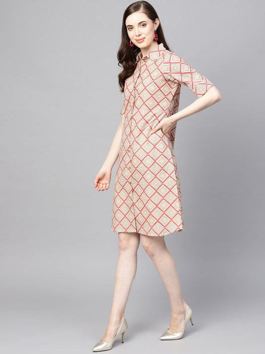 Anayna Women Beige & Pink Printed Shirt Dress