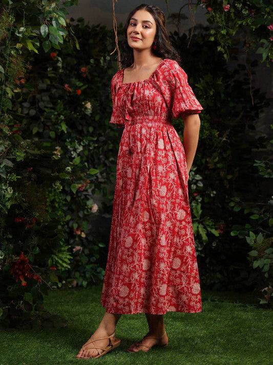 Anayna Floral Printed Cotton Tie-Ups Detail Maxi Ethnic Dress