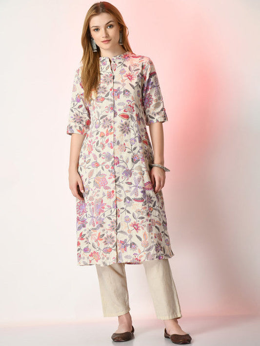 Sangria Off White Floral Printed Mandarin Collar Cotton A-Line Kurta