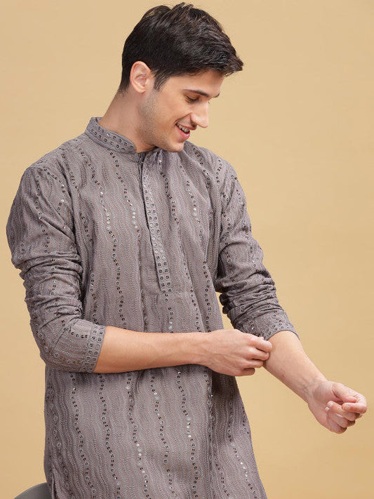 Anouk Grey Ethnic Embroidered Mandarin Collar Sequinned Lucknowi Cotton Straight Kurta