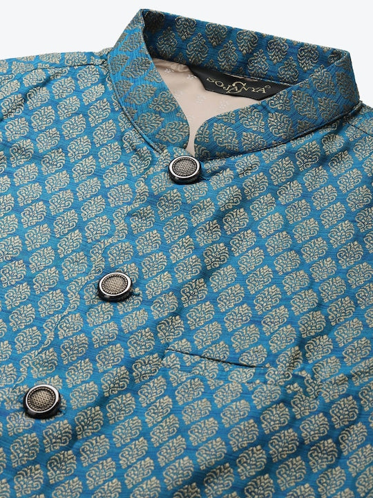 Sojanya Men Blue and Beige Jacquard Woven Design Silk Nehru Jacket