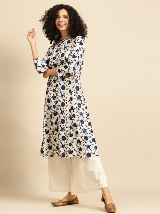 Anayna Women White & Navy Blue Ethnic Motifs Screen Print Cotton Kurta