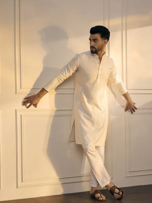 Anouk White Striped Embroidered Sequinned Mandarin Collar Straight Kurta