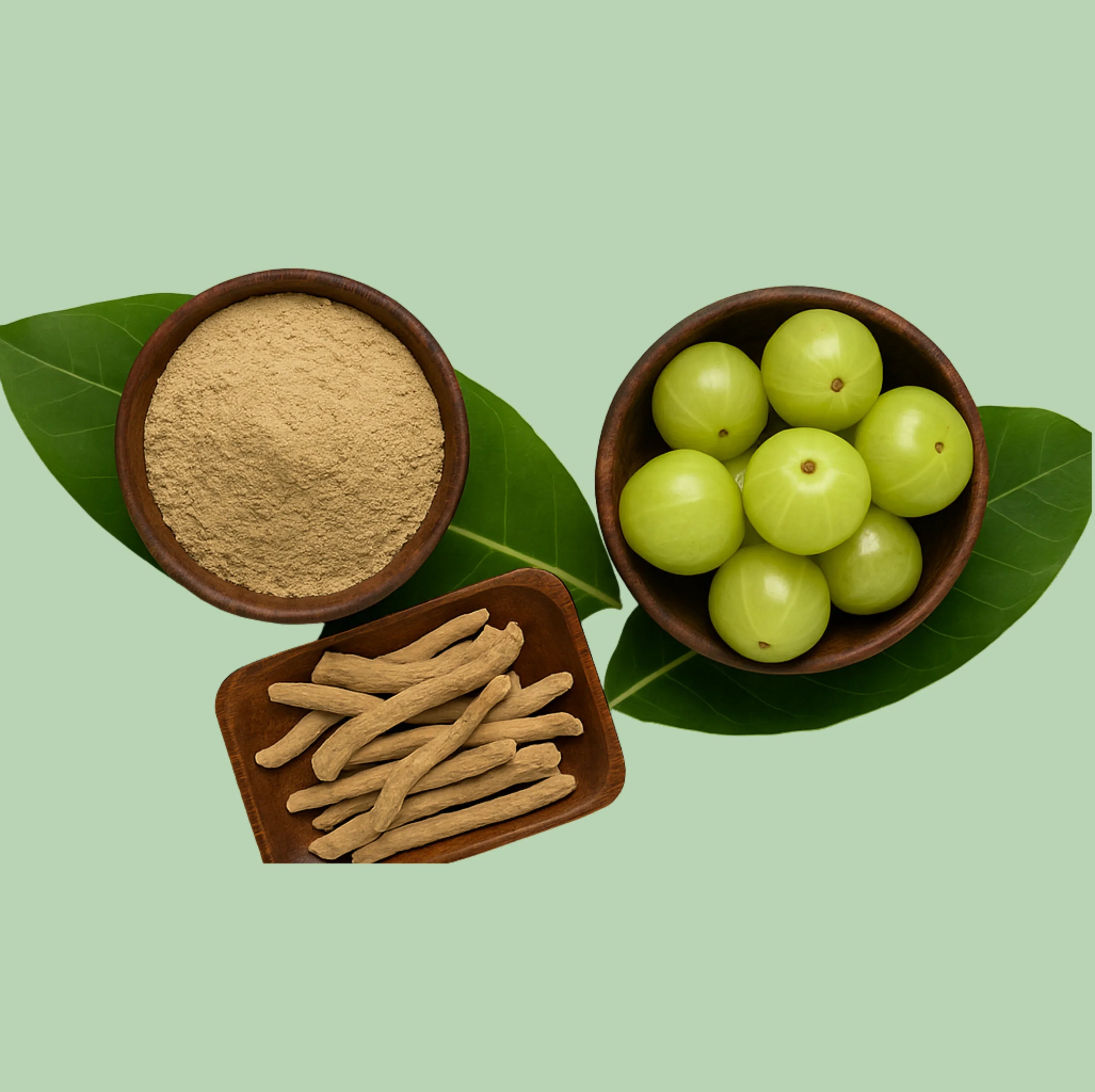 Ashwagandha roots, powder, and fresh amla on green leaves, Shoppiearth UK wellness products