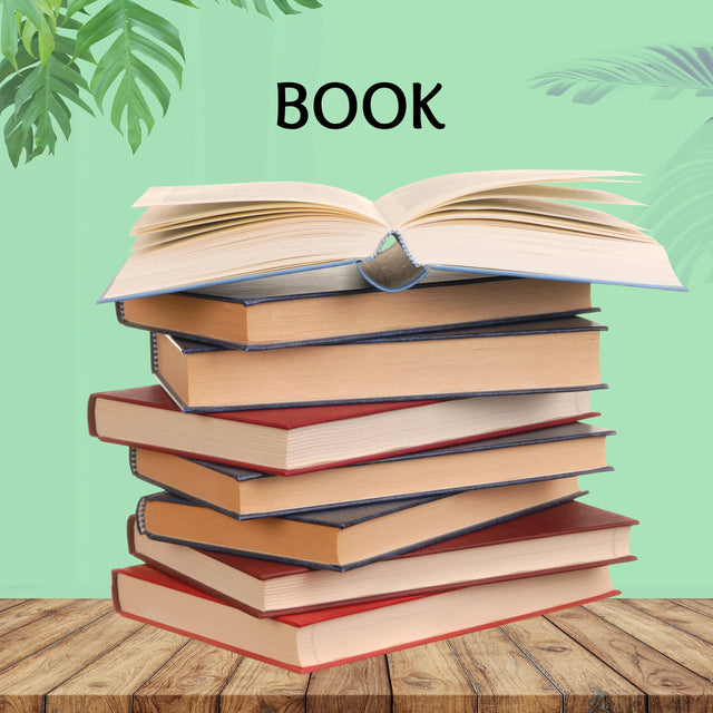 Stack of hardcover books on wooden table with green leafy background and 'BOOK' text above.