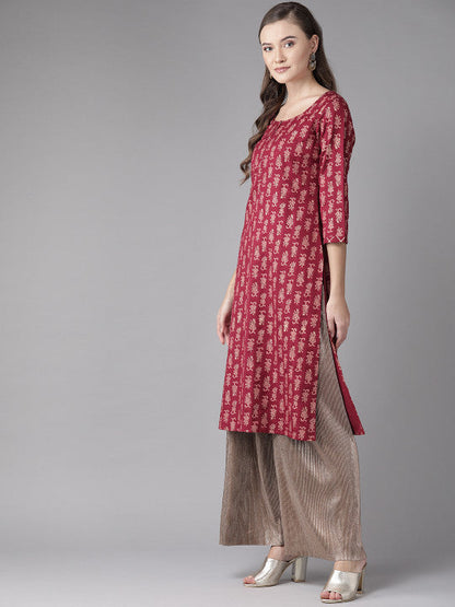 Anayna Women Maroon & Golden Printed Straight Kurta