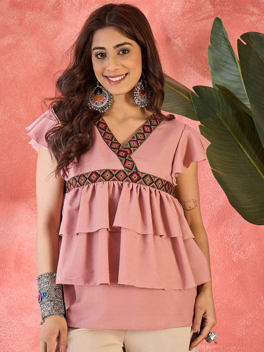 Sangria Ruffle V-Neck Flutter Sleeve Top