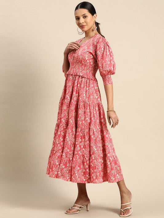 Anayna Floral Printed Smocked Fit & Flare Maxi Dress