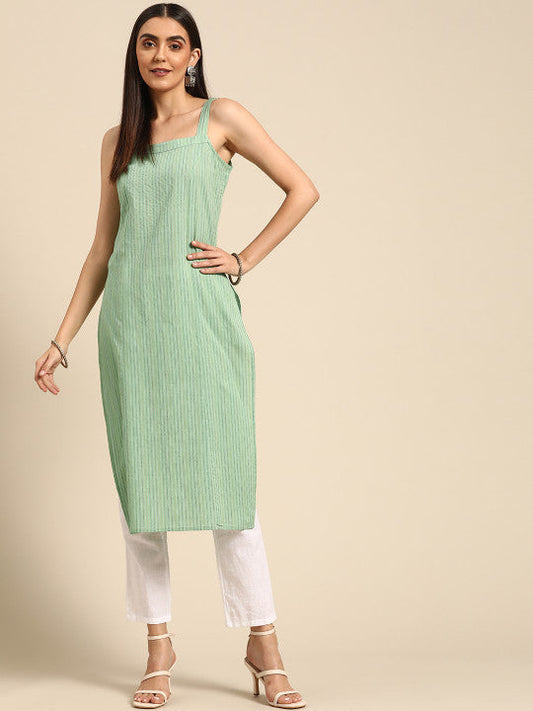 Anayna Women Green Pure Cotton Kantha Work Striped Kurta