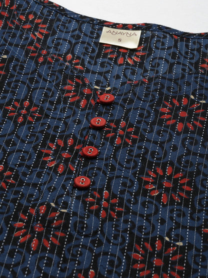 Anayna Women Navy Blue & Red Floral Printed Dobby Cotton Kurta