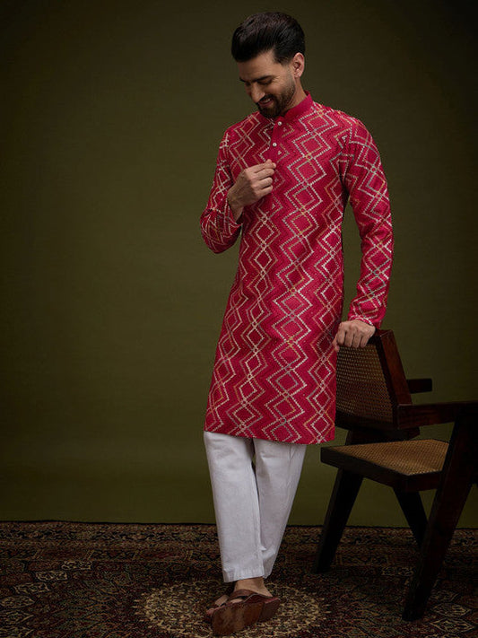 Anouk Red Chevron Embroidered Gotta Patti Mandarin Collar Pure Cotton Straight Kurta