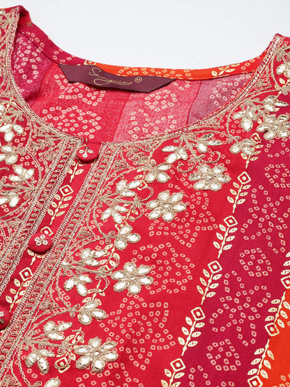 Sangria Women Red Bandhani Printed and Embroidered Rayon Kurta
