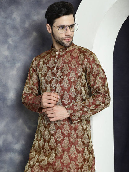 Anouk Maroon Ethnic Motifs Woven Design Jacquard Straight Cotton Silk Kurta
