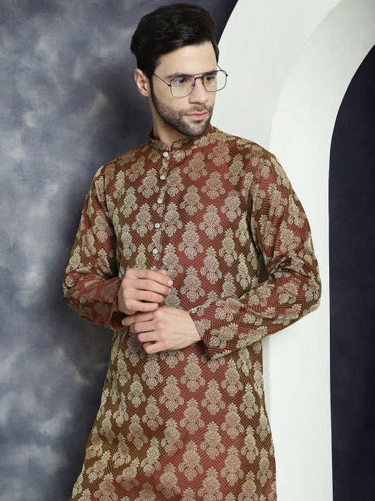 Anouk Maroon Ethnic Motifs Woven Design Jacquard Straight Cotton Silk Kurta