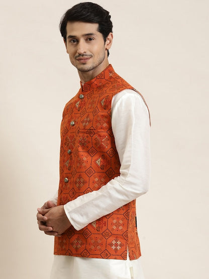 Sojanya Men Orange Ethnic Motifs Printed Nehru Jacket
