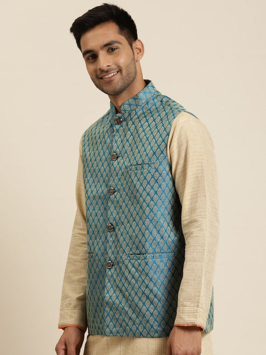 Sojanya Men Blue and Beige Jacquard  Woven Design Silk Nehru Jacket