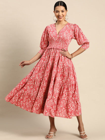 Anayna Floral Printed Smocked Fit & Flare Maxi Dress