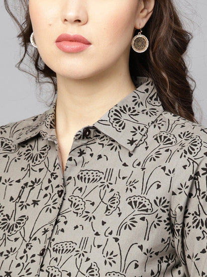 Anayna Women Grey & Black Printed Shirt Dress