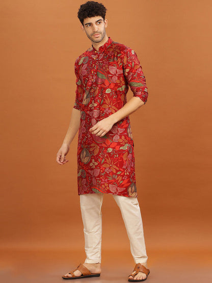 Anouk Mandarin Collar Floral Printed Straight Kurta Red & Green
