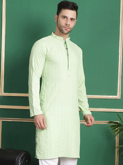 Anouk Checked Mandarin Collar Long Sleeves Thread Work Kurta