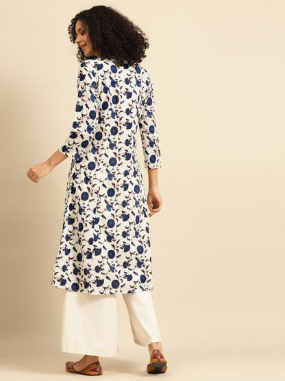 Anayna Women White & Navy Blue Ethnic Motifs Screen Print Cotton Kurta