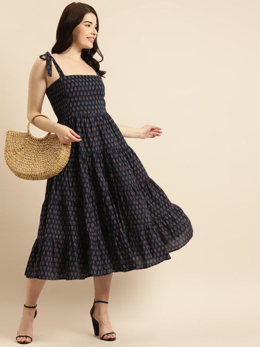 Anayna Navy Blue & Maroon Ethnic Motifs Ethnic Midi Dress