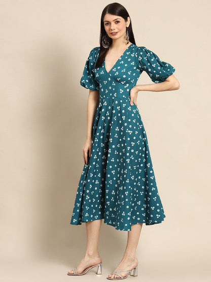 Anayna Teal Green & White Bandhani Printed Pure Cotton A-Line Midi Dress