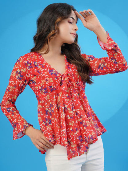 Sangria Red Floral Printed V-Neck Bell Sleeve Georgette A-Line Top
