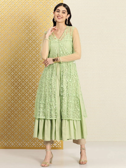 House of Pataudi Women Pure Cotton Pastels Jashn Kurta With Net Over Coat