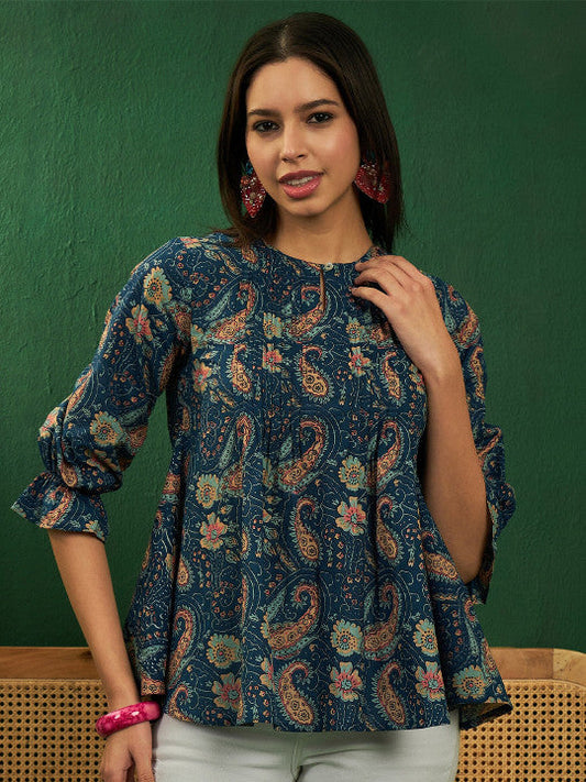 Sangria Paisley Printed Keyhole Neck Puff Sleeve Cotton Top