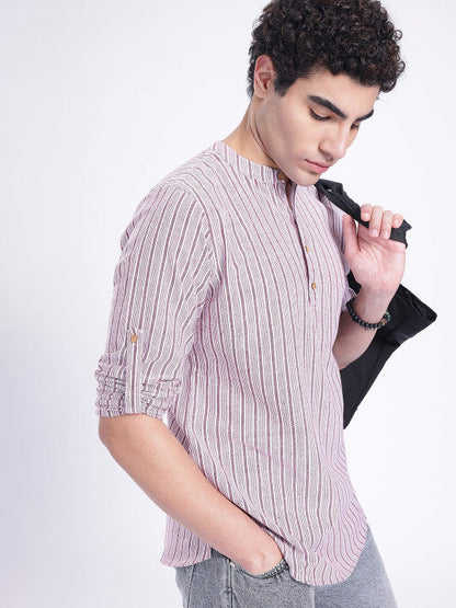 Anouk Rustic Band Collar Woven Design Striped Roll-Up Sleeves Kurta