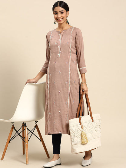 Sangria Women Brown & White Ethnic Motifs Embroidered Panelled Kurta