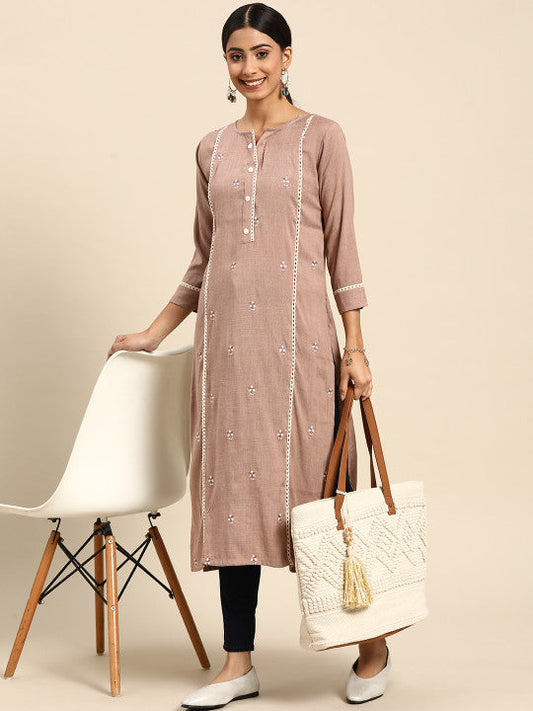 Sangria Women Brown & White Ethnic Motifs Embroidered Panelled Kurta