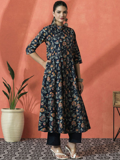 Sangria Floral Printed Mandarin Collar Panelled Pure Cotton A-Line Kurta