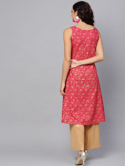 Anayna Women Pink & Golden Printed A-Line Kurta