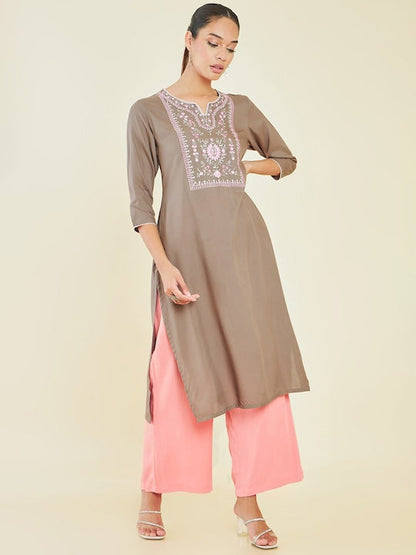 Soch Beige & Pink Notched Neck Floral Embroidered Straight Kurta