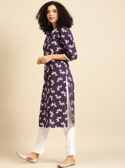 Anayna Women Aubergine & White Floral Screen Print Peter-Pan Collar Cotton Fusion Kurta