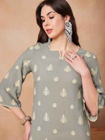 House of Pataudi Ethnic Motifs Embroidered Pure-Cotton Straight Kurta