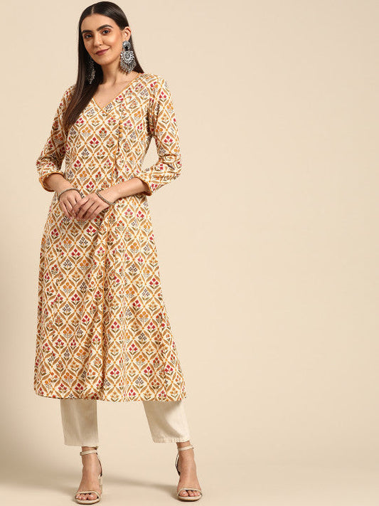 Anayna Women White & Beige Pure Cotton Ethnic Motifs Printed Angrakha Kurta
