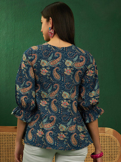 Sangria Paisley Printed Keyhole Neck Puff Sleeve Cotton Top