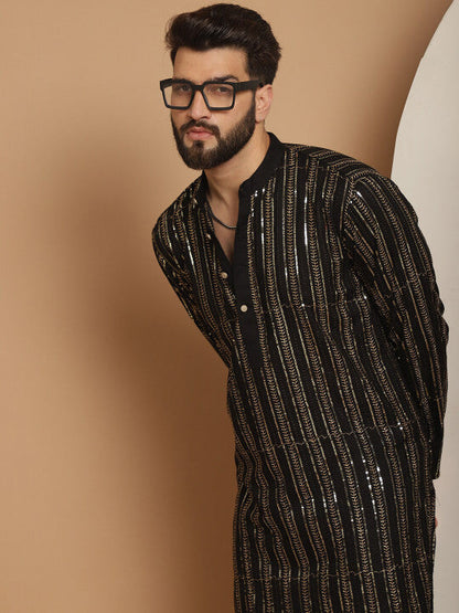 Anouk Black Striped Band Collar Sequinned Detailed Cotton Straight Kurta