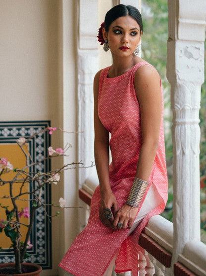 Anayna Women Pink & White Pure Cotton Floral Printed Kurta