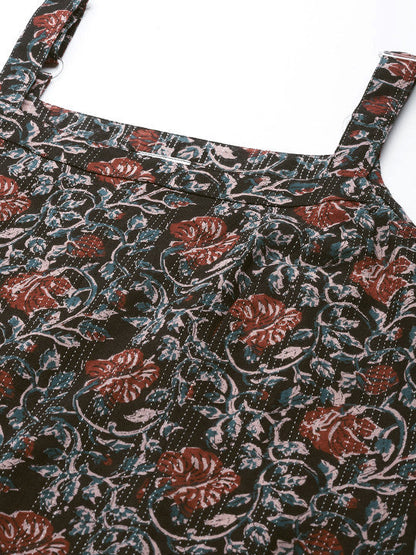 Anayna Women Black & Rust Red Pure Cotton Ethnic Motifs Printed Kantha Work Kurta