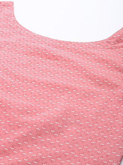Anayna Women Pink & White Pure Cotton Floral Printed Kurta