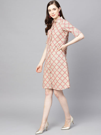 Anayna Women Beige & Pink Printed Shirt Dress