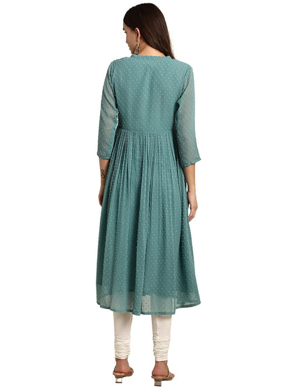 Janasya Women's Green Poly Chiffon Self Design Flared Western Dress