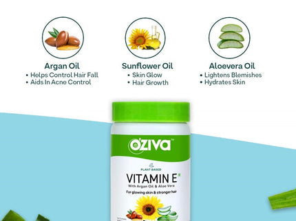 OZiva Plant Based Natural Vitamin E (With Argan oil + Aloe vera) - 30 capsules