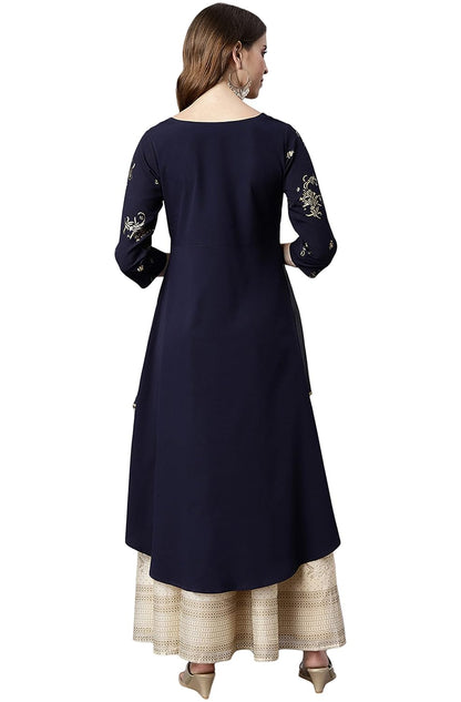 Janasya Women's Navy Blue Poly Crepe Floral Print Flared Kurta