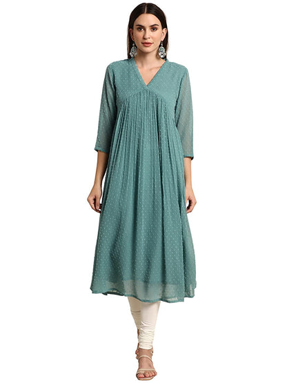 Janasya Women's Green Poly Chiffon Self Design Flared Western Dress